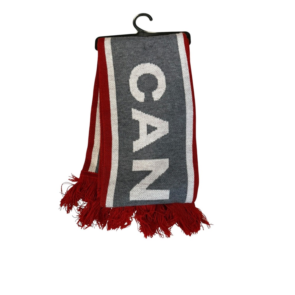 Stone Age Canada Knit Scarf Gray Red White Maple Leaf Fringe 100% Acrylic NWT